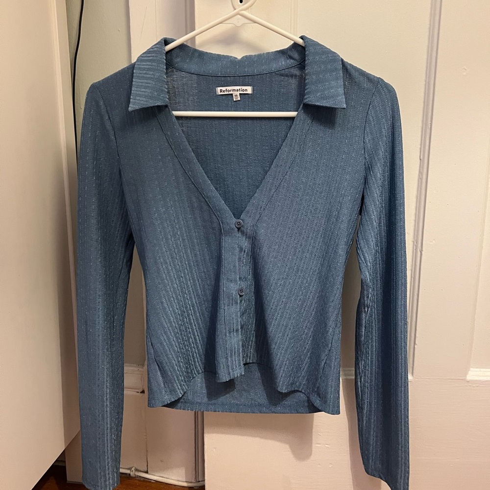 Reformation Blue V-Neck Collared